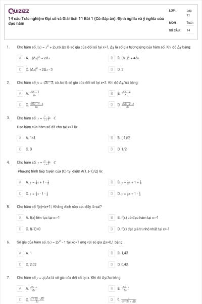 14 câu Trắc nghiệm Đại số và Giải tích 11 Bài 1 (Có đáp án): Định nghĩa và ý nghĩa của đạo hàm