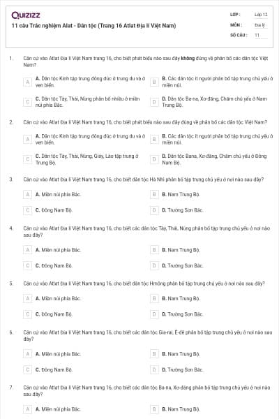 11 câu Trắc nghiệm Alat - Dân tộc (Trang 16 Atlat Địa lí Việt Nam)