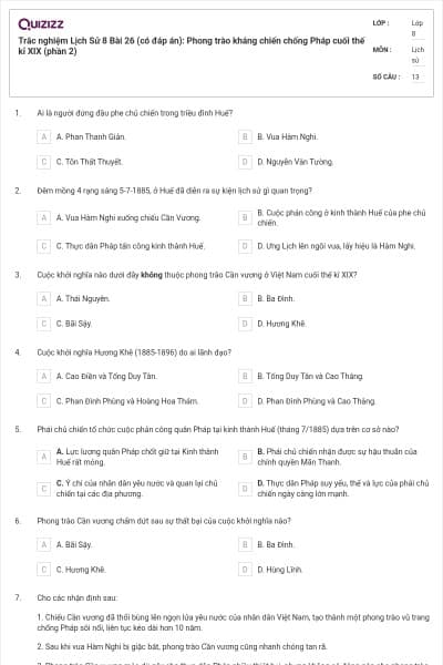 Trắc nghiệm Lịch Sử 8 Bài 26 (có đáp án): Phong trào kháng chiến chống Pháp cuối thế kỉ XIX (phần 2)