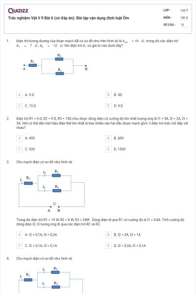 Trắc nghiệm Vật lí 9 Bài 6 (có đáp án): Bài tập vận dụng định luật Ôm
