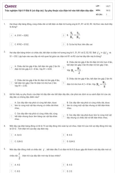 Trắc nghiệm Vật lí 9 Bài 8 (có đáp án): Sự phụ thuộc của điện trở vào tiết diện dây dẫn