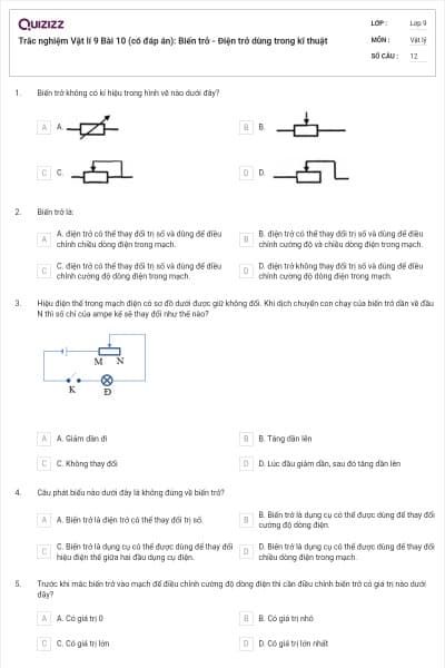 Trắc nghiệm Vật lí 9 Bài 10 (có đáp án): Biến trở - Điện trở dùng trong kĩ thuật