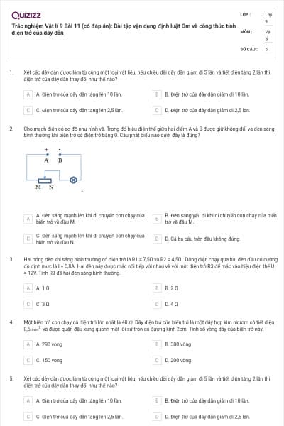 Trắc nghiệm Vật lí 9 Bài 11 (có đáp án): Bài tập vận dụng định luật Ôm và công thức tính điện trở của dây dẫn