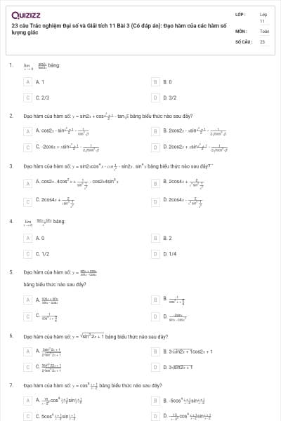 23 câu Trắc nghiệm Đại số và Giải tích 11 Bài 3 (Có đáp án): Đạo hàm của các hàm số lượng giác