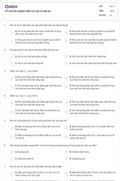 20 câu trắc nghiệm Mắt cực hay có đáp án