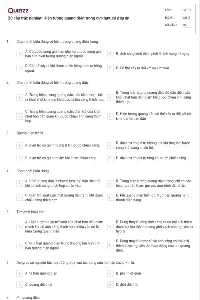 20 câu trắc nghiệm Hiện tượng quang điện trong cực hay, có đáp án