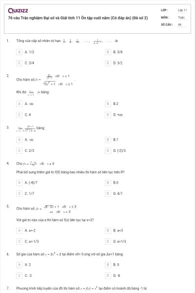 76 câu Trắc nghiệm Đại số và Giải tích 11 Ôn tập cuối năm (Có đáp án) (Đề số 2)