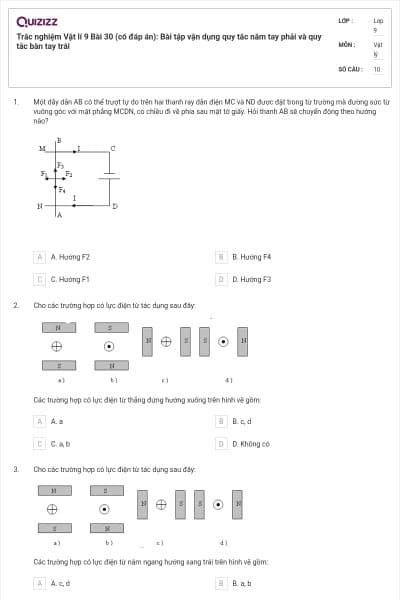 Trắc nghiệm Vật lí 9 Bài 30 (có đáp án): Bài tập vận dụng quy tắc nắm tay phải và quy tắc bàn tay trái