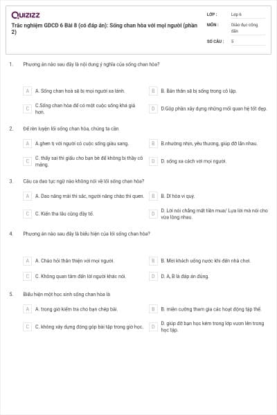Trắc nghiệm GDCD 6 Bài 8 (có đáp án): Sống chan hòa với mọi người (phần 2)