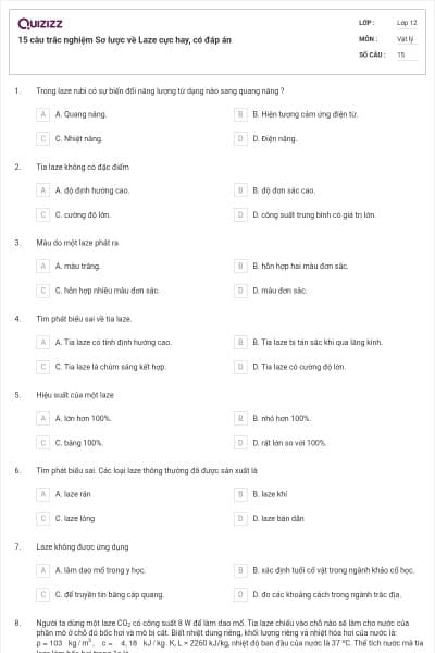 15 câu trắc nghiệm Sơ lược về Laze cực hay, có đáp án