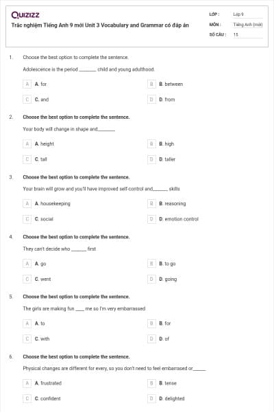 Trắc nghiệm Tiếng Anh 9 mới Unit 3 Vocabulary and Grammar có đáp án