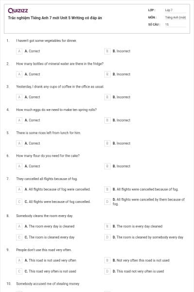 Trắc nghiệm Tiếng Anh 7 mới Unit 5 Writing có đáp án