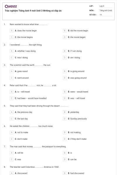 Trắc nghiệm Tiếng Anh 9 mới Unit 3 Writing có đáp án
