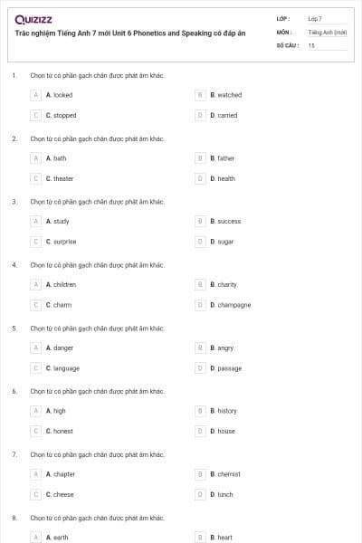 Trắc nghiệm Tiếng Anh 7 mới Unit 6 Phonetics and Speaking có đáp án