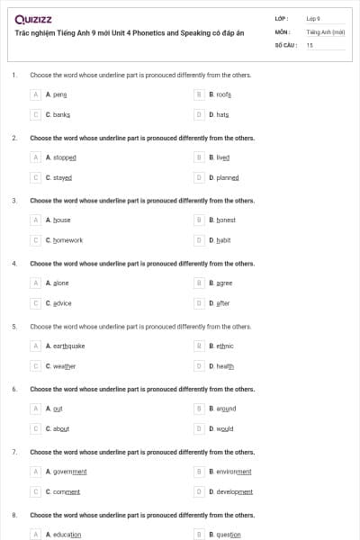 Trắc nghiệm Tiếng Anh 9 mới Unit 4 Phonetics and Speaking có đáp án