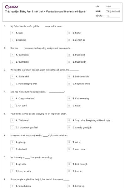 Trắc nghiệm Tiếng Anh 9 mới Unit 4 Vocabulary and Grammar có đáp án