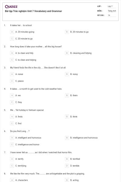 Bài tập Trắc nghiệm Unit 7 Vocabulary and Grammar