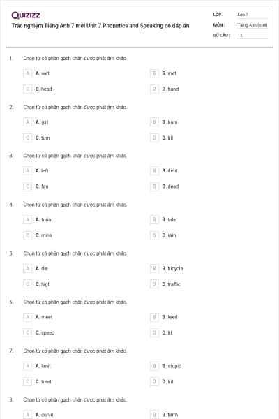 Trắc nghiệm Tiếng Anh 7 mới Unit 7 Phonetics and Speaking có đáp án