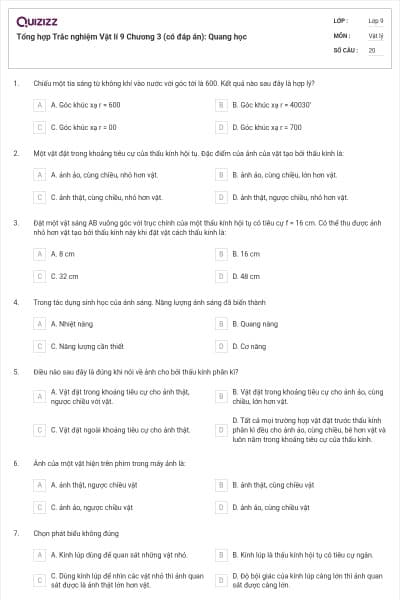 Tổng hợp Trắc nghiệm Vật lí 9 Chương 3 (có đáp án): Quang học
