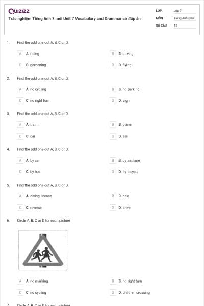 Trắc nghiệm Tiếng Anh 7 mới Unit 7 Vocabulary and Grammar có đáp án