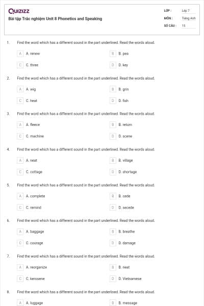Bài tập Trắc nghiệm Unit 8 Phonetics and Speaking