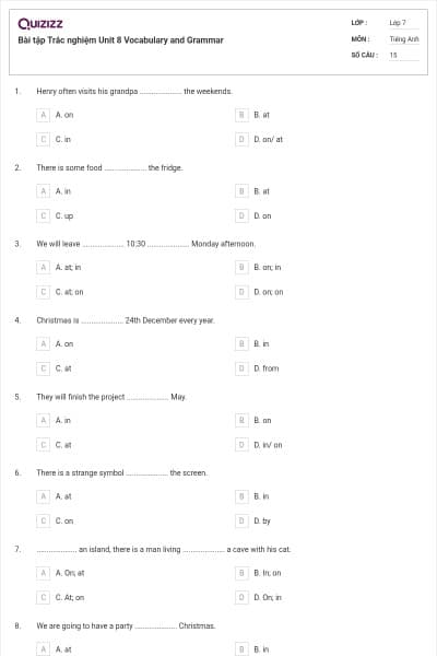 Bài tập Trắc nghiệm Unit 8 Vocabulary and Grammar
