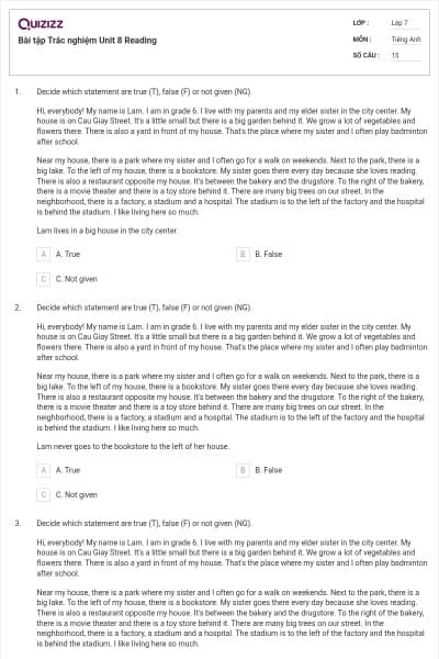 Bài tập Trắc nghiệm Unit 8 Reading