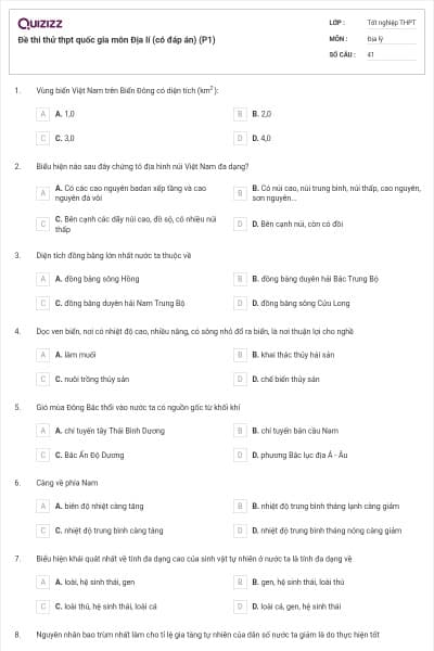 Đề thi thử thpt quốc gia môn Địa lí (có đáp án) (P1)