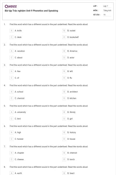 Bài tập Trắc nghiệm Unit 9 Phonetics and Speaking