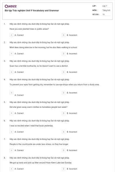 Bài tập Trắc nghiệm Unit 9 Vocabulary and Grammar