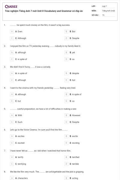 Trắc nghiệm Tiếng Anh 7 mới Unit 8 Vocabulary and Grammar có đáp án