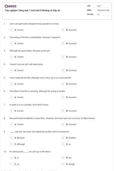 Trắc nghiệm Tiếng Anh 7 mới Unit 8 Writing có đáp án