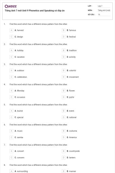 Tiếng Anh 7 mới Unit 9 Phonetics and Speaking có đáp án