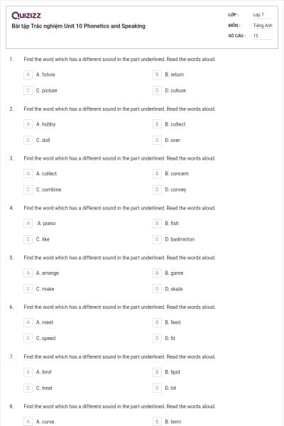 Bài tập Trắc nghiệm Unit 10 Phonetics and Speaking