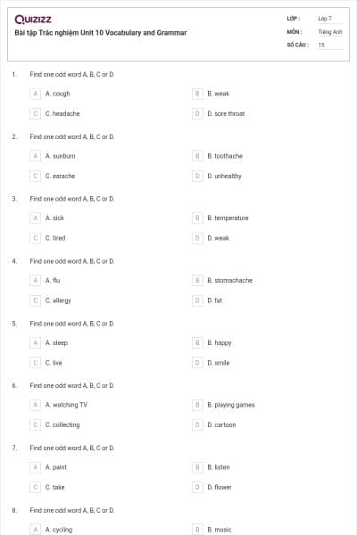 Bài tập Trắc nghiệm Unit 10 Vocabulary and Grammar