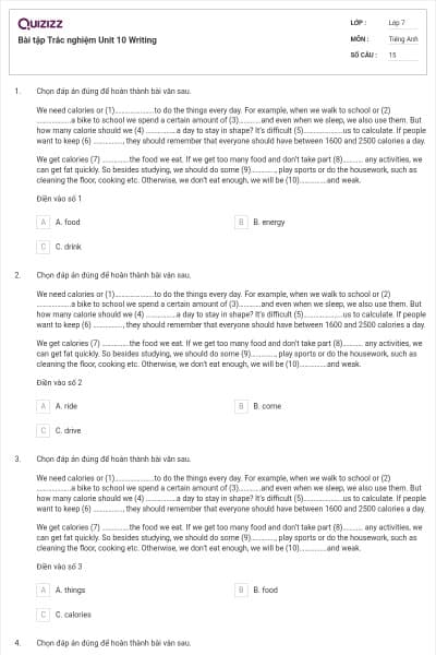 Bài tập Trắc nghiệm Unit 10 Writing