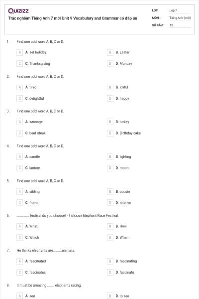 Trắc nghiệm Tiếng Anh 7 mới Unit 9 Vocabulary and Grammar có đáp án