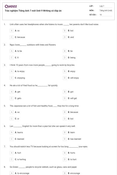Trắc nghiệm Tiếng Anh 7 mới Unit 9 Writing có đáp án
