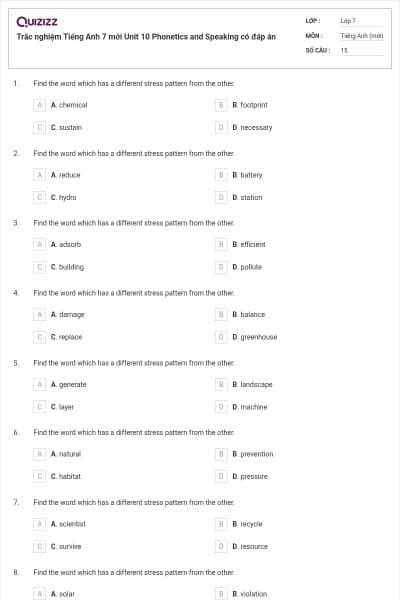 Trắc nghiệm Tiếng Anh 7 mới Unit 10 Phonetics and Speaking có đáp án
