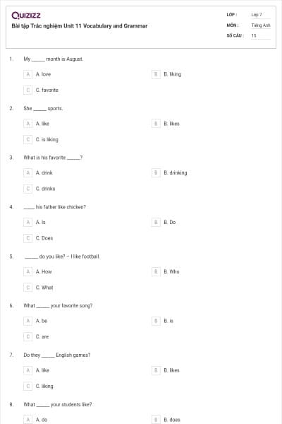 Bài tập Trắc nghiệm Unit 11 Vocabulary and Grammar