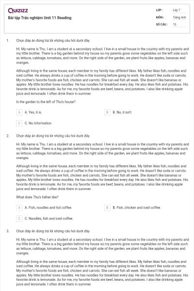 Bài tập Trắc nghiệm Unit 11 Reading