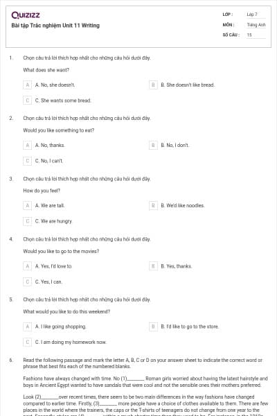 Bài tập Trắc nghiệm Unit 11 Writing