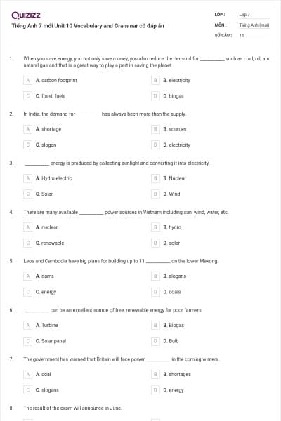 Tiếng Anh 7 mới Unit 10 Vocabulary and Grammar có đáp án