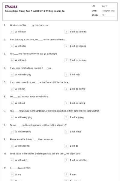 Trắc nghiệm Tiếng Anh 7 mới Unit 10 Writing có đáp án
