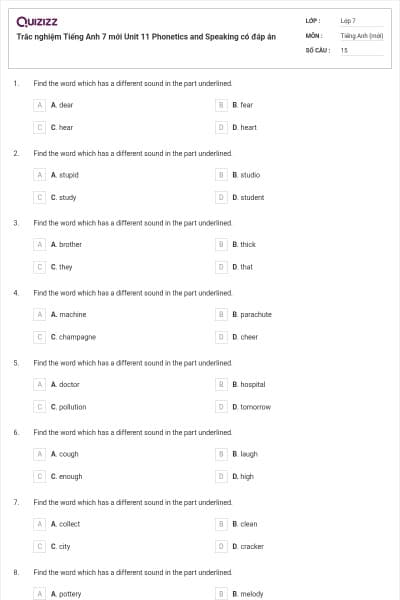 Trắc nghiệm Tiếng Anh 7 mới Unit 11 Phonetics and Speaking có đáp án