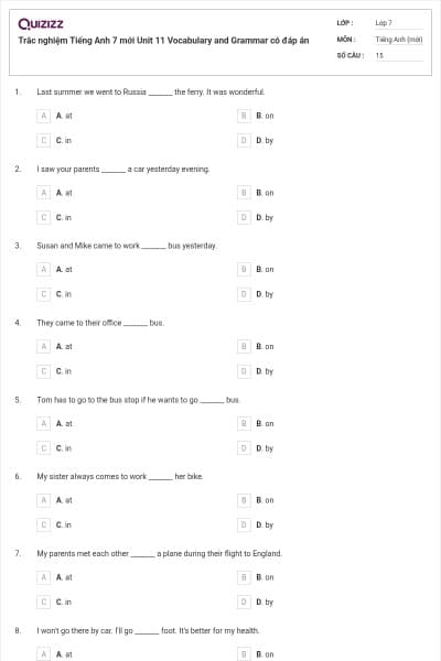 Trắc nghiệm Tiếng Anh 7 mới Unit 11 Vocabulary and Grammar có đáp án