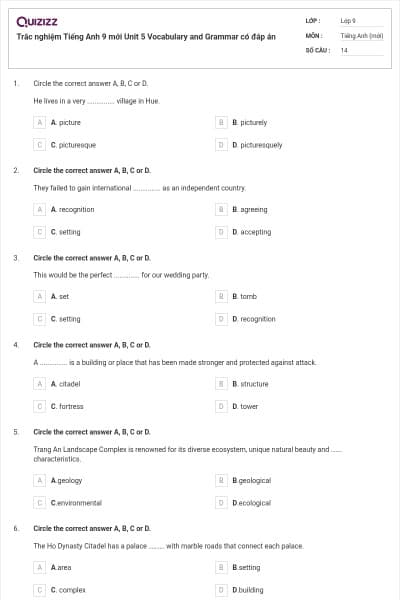Trắc nghiệm Tiếng Anh 9 mới Unit 5 Vocabulary and Grammar có đáp án