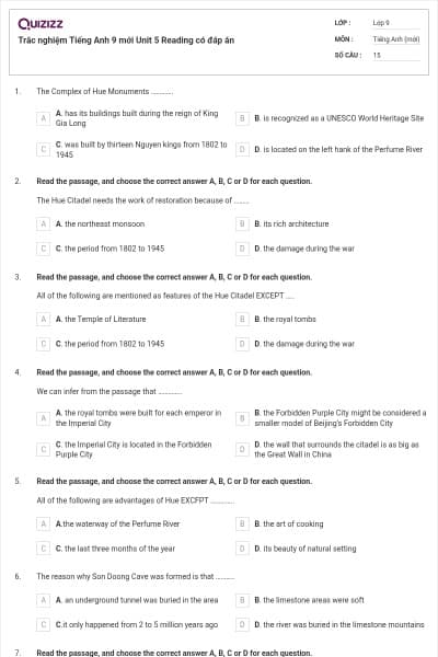 Trắc nghiệm Tiếng Anh 9 mới Unit 5 Reading có đáp án