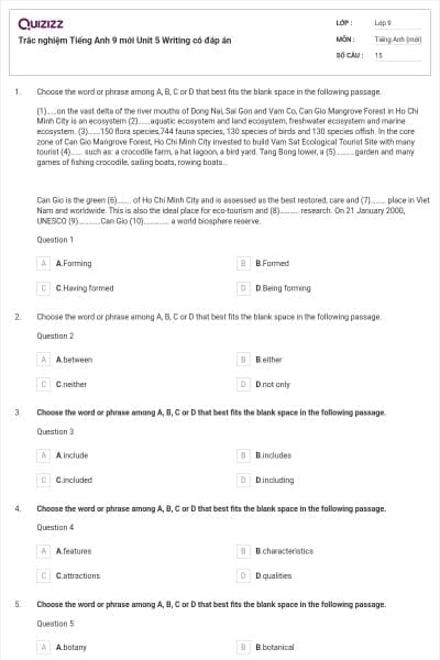 Trắc nghiệm Tiếng Anh 9 mới Unit 5 Writing có đáp án