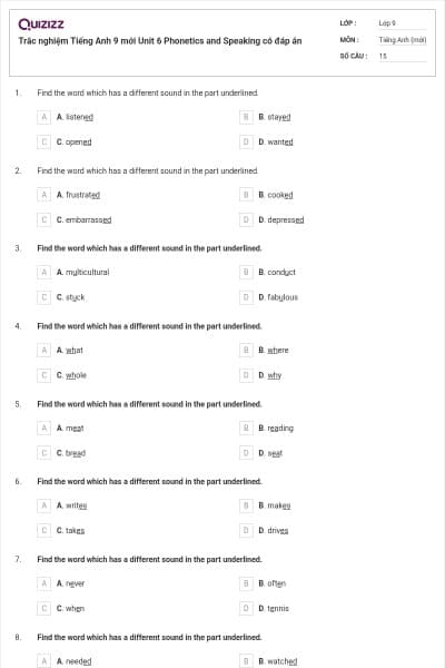 Trắc nghiệm Tiếng Anh 9 mới Unit 6 Phonetics and Speaking có đáp án